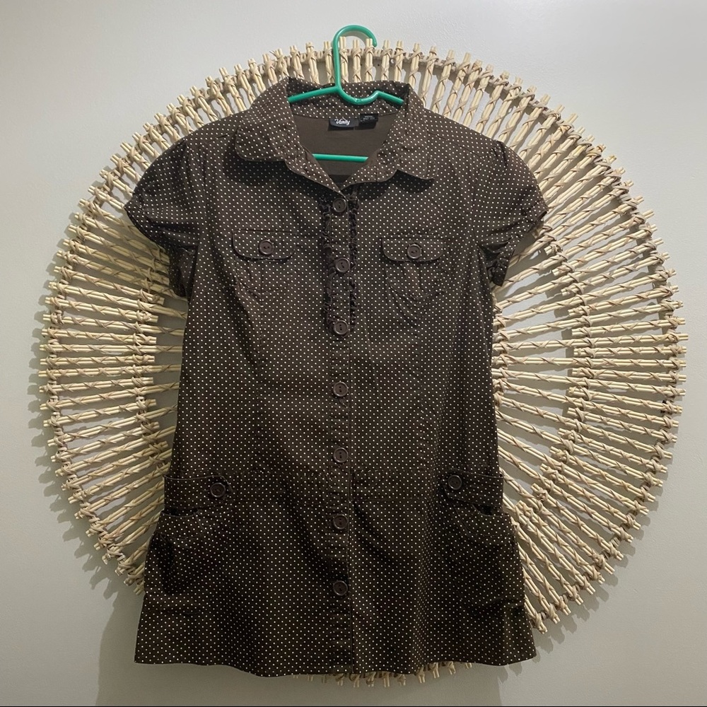 Brown and white polkadot button down